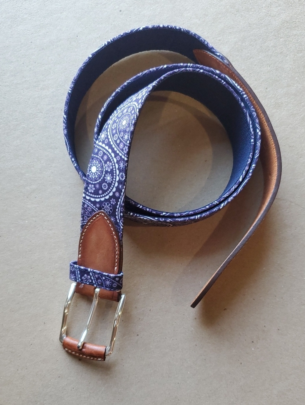 Bullock & Jones Purple  Paisley Fabric Belt with Brown Leather Accents 42